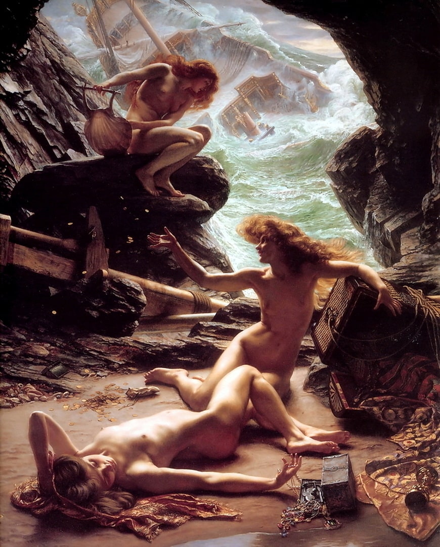 Three sexy storm nymphs have found lots of jewelry and other treasure on a ship that just sank. They are seeking the treasure in their nude state.