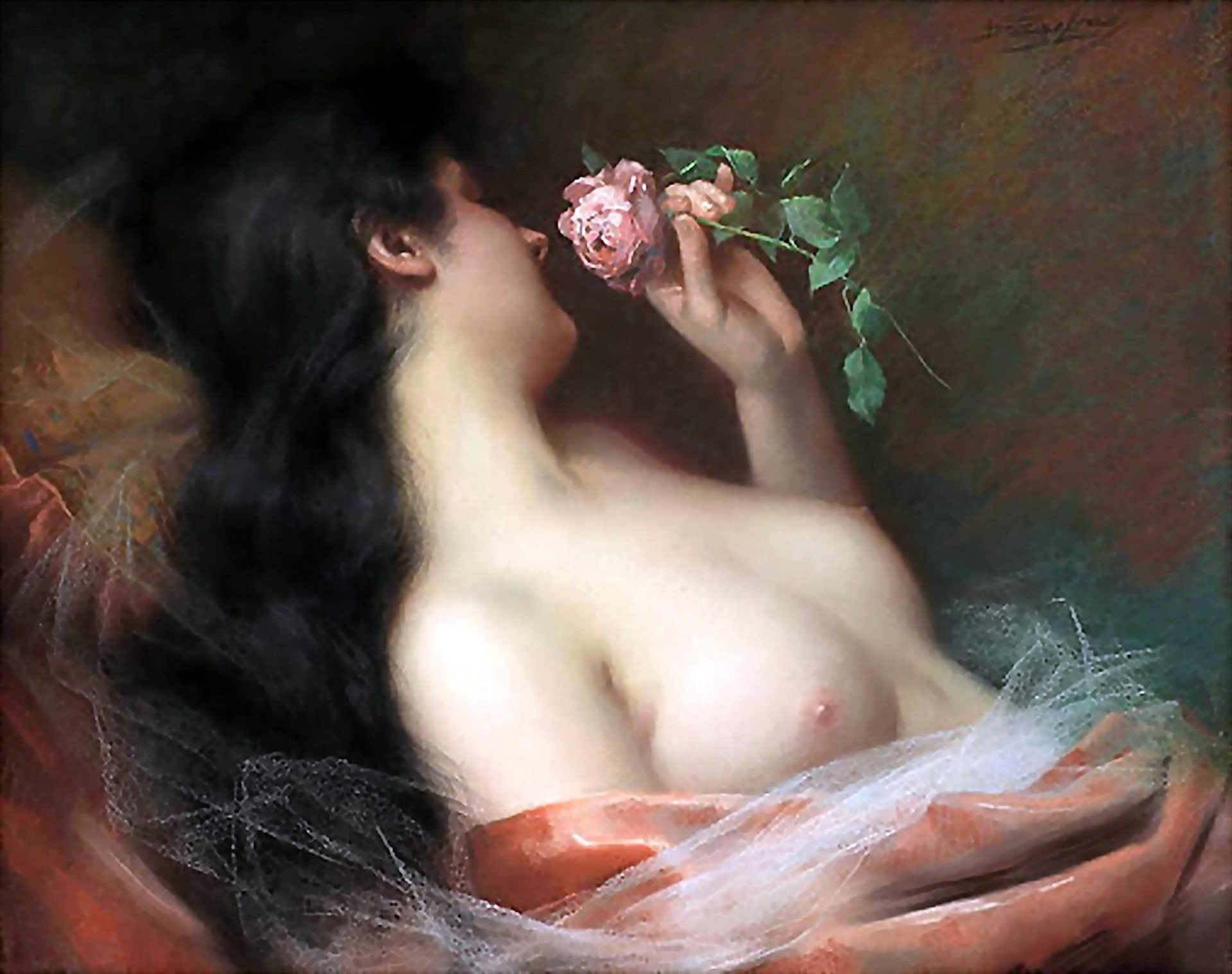 A nude girl holding a pink rose. She is smelling the lovely flower and looking very happy with with her present from her lover.