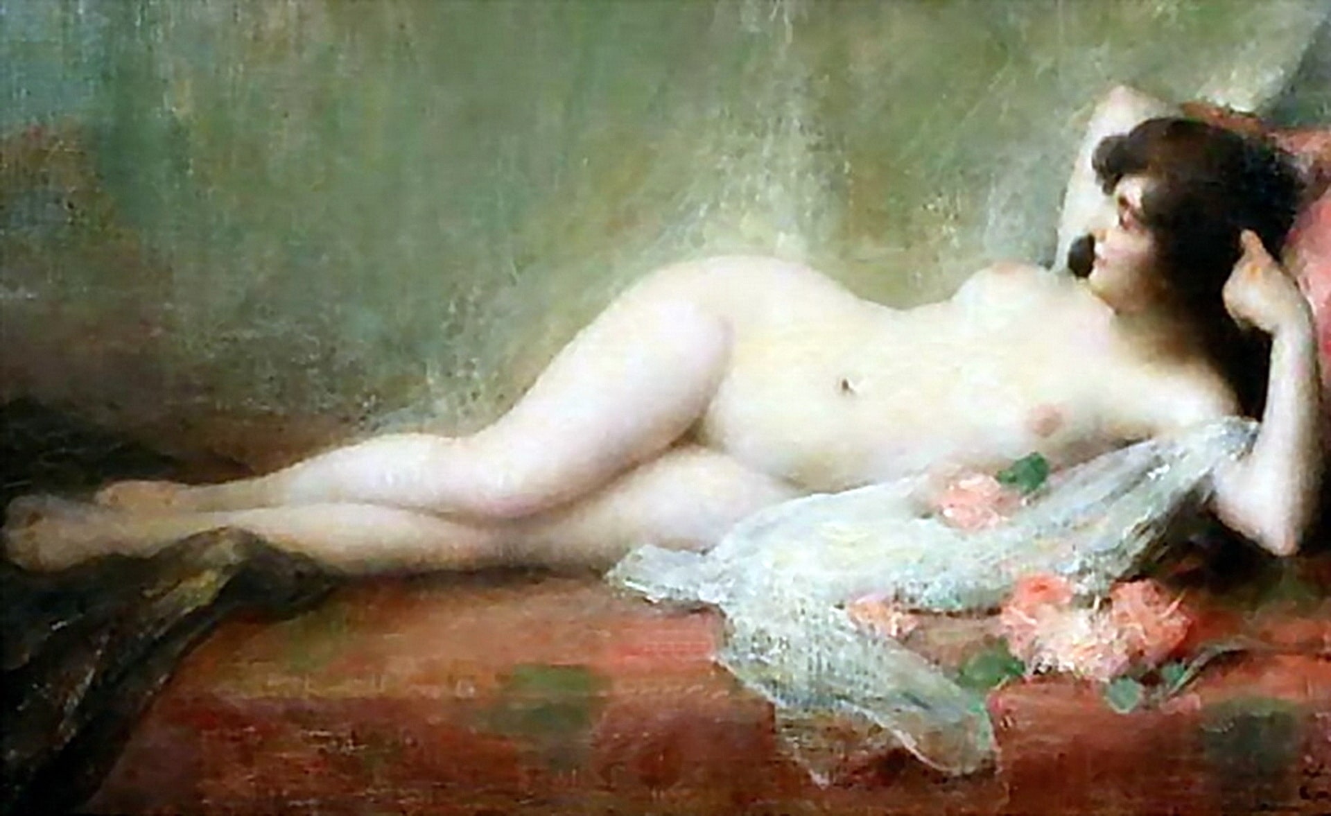 A naked girl lying on the couch showing off her breasts as well as pink flowers and a pretty white see-though garment